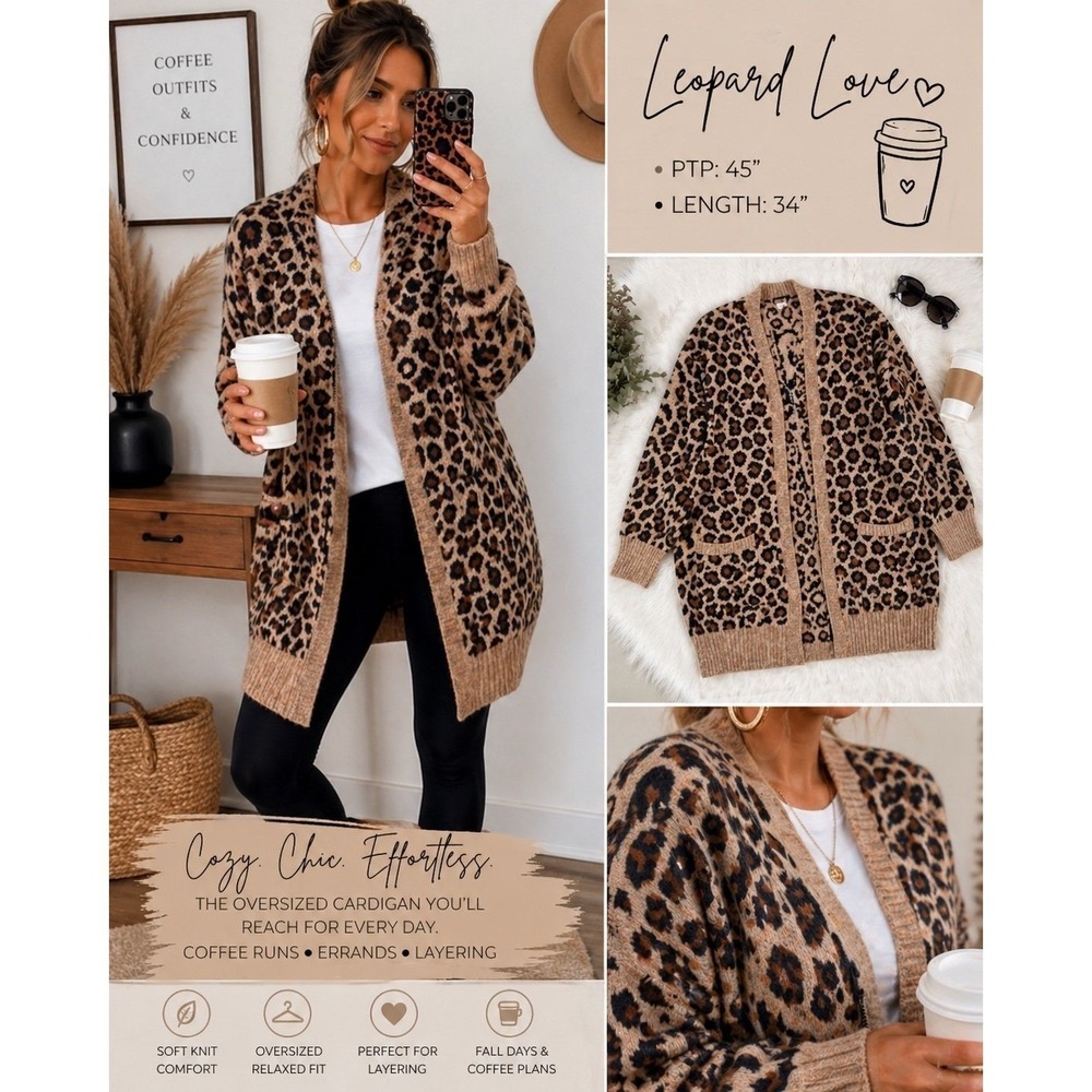 Leopard Print Oversized Cardigan Sweater Cozy Open Front Pockets